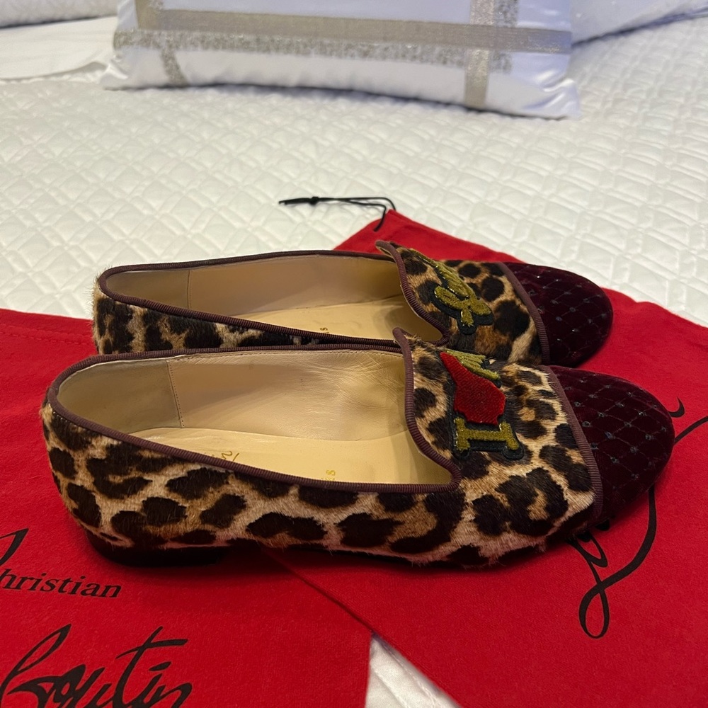 Christian Louboutin Leopard Print Embroidered Flats with Red & Green Accents - Picture 5 of 12